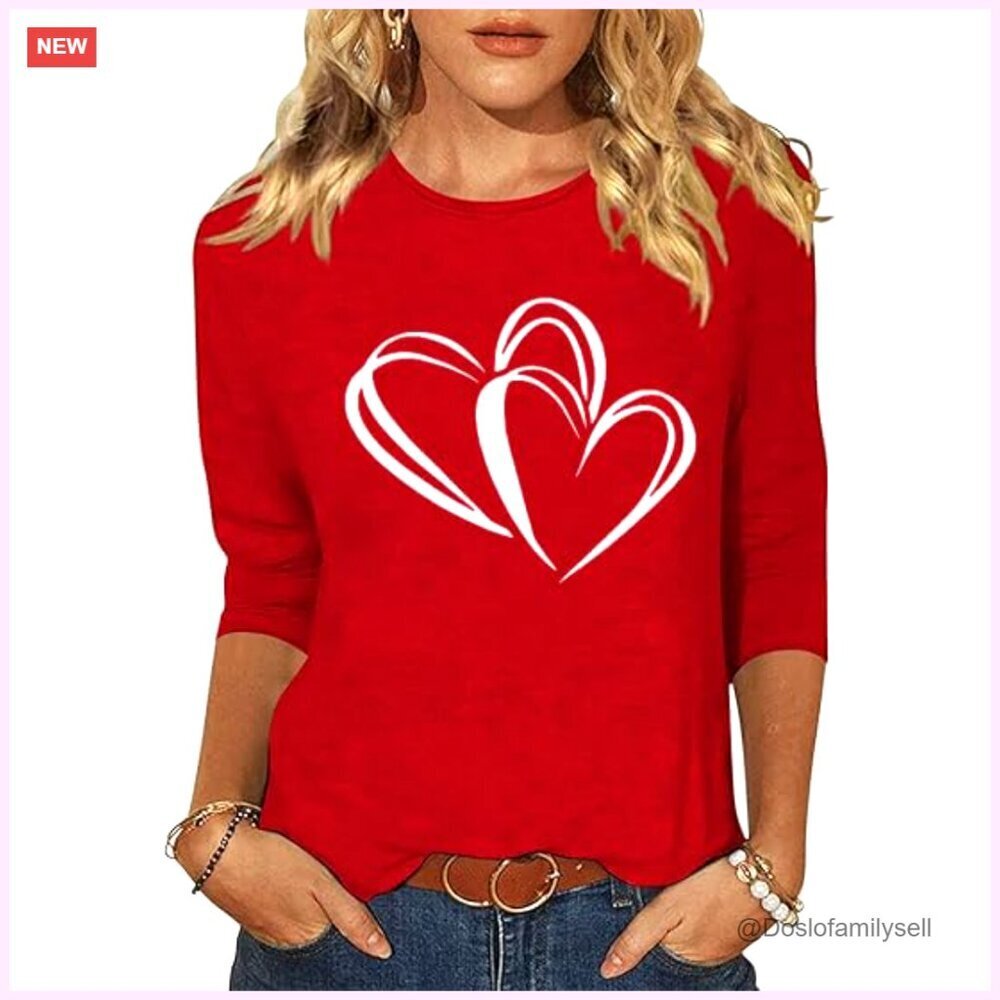 3/4 Sleeve Graphic Tee Cute Valentine's Love Heart Casual Spring Top